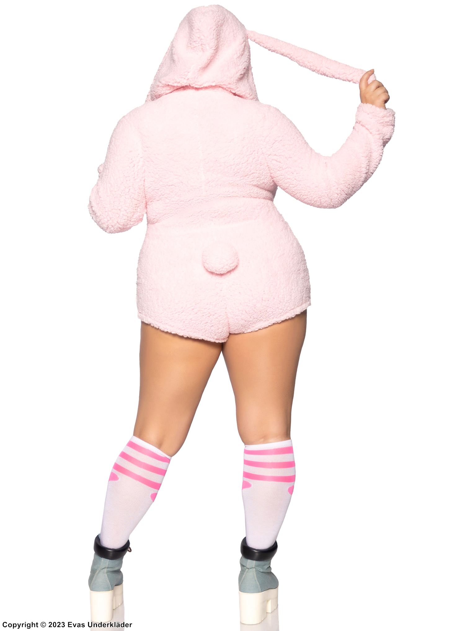 Female rabbit, teddy costume, hood, front zipper, tail, big ears, plus size